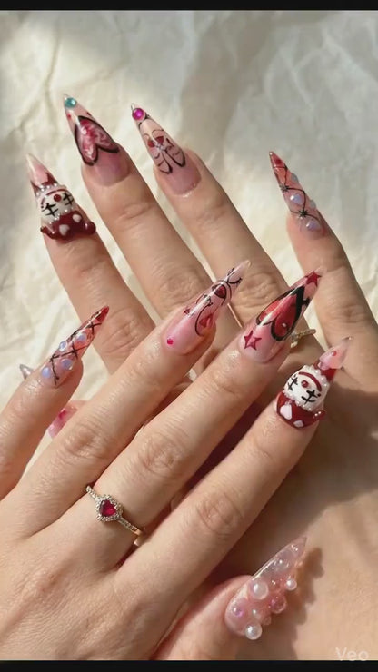 Gothic Valentine Clown Heart Press On Nails for Dark Romance Girls, Handmade Long Pink Chrome Fake Nails, Alternative Love Nail,JB278EC