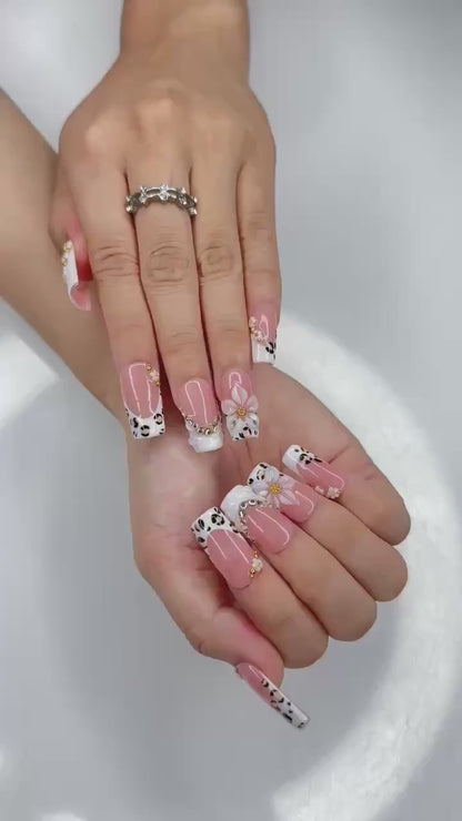 Luxury Leopard Press On Nails | Pearl Flower Nude Nail Set | Elegant French Tip Nails | Quiet Luxury Animal Print Nails | OC450J