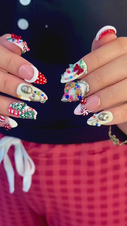 Merry Knit Christmas Press On Nails | 3D Bow Christmas Nail Art | Green Red Holiday Press Ons | Festive Handmade Set | JB220EC