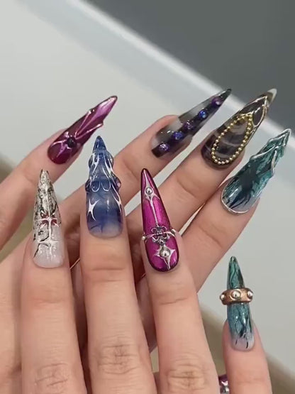 Artistic Gothic Press On Nails | Dark Marble Abstract Nails | Handmade Stiletto Nail Art | HB1268GC