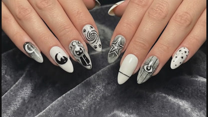 Cosmic Black Cat Press On Nails | Gothic Cat Nail Art | Moon Star Astrology Nails | Witchy Black White Press Ons | Mystic Nail Set | JB263H