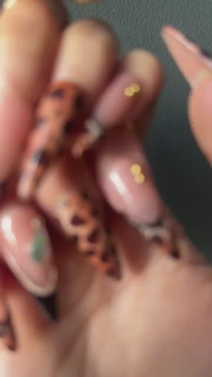 Leopard Fall Press On Nails | Animal Print Nail Art | Glam Rhinestone & Chain Nails | Handmade Long Stiletto Nails |Autumn Press Ons|JB175HC
