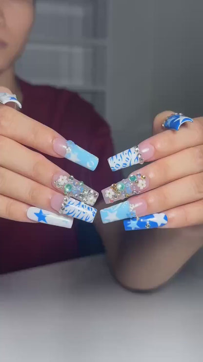 Y2k Square Press on Nails With Concert | Blue Graphic Nail Set | Rhinestone Floral Nails | Korean Aesthetic Handmade Nails | OC462JG