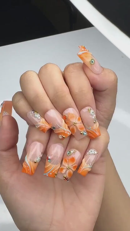 Summer Floral Press On Nails | Orange Flower Beach Nail Set | Tropical Vacation Nails | OC445J