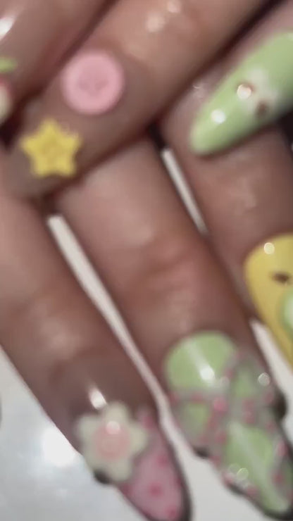 Kawaii Bunny Easter Press On Nails, Pastel Green and Pink Plaid Nails, Colorful Pastel Gingham Fake Nails For Cute Lover, HB1291H