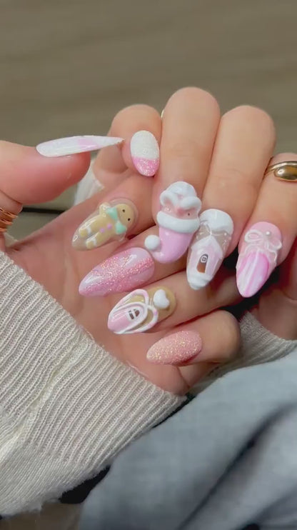 Pink Gingerbread Christmas Press On Nails | Festive Holiday Nail Art | 3D Santa & Candy Cane Nail Set | Handmade Pink Winter Nails|JB225EG