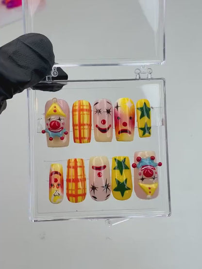Quirky Clown Faces Press-On Nails | Hand-Painted Circus Nail Art | Fun and Colorful Press Ons | Unique Clown Fake Nails | Halloween |HB585YG