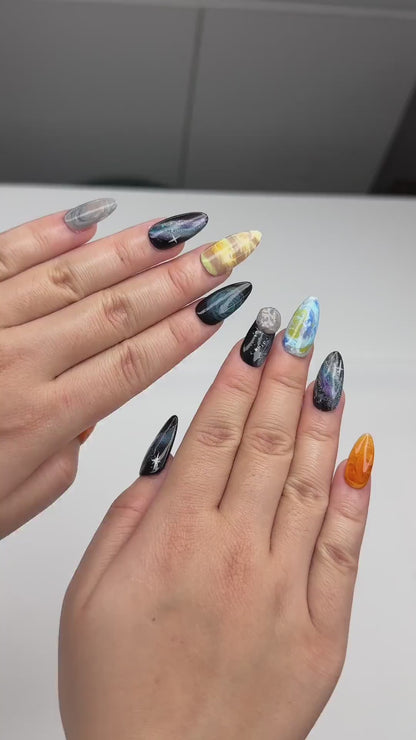 Solar System Almond Press On Nails | Handpainted Celestial Galaxy Fake Nails | OB401LK