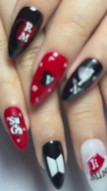 Red Black Kpop Press On Nails | Kpop Inspired Nail Art | Concert Aesthetic Almond Nails | Edgy Graphic Press Ons | Kpop Fan Nails | OB384HC