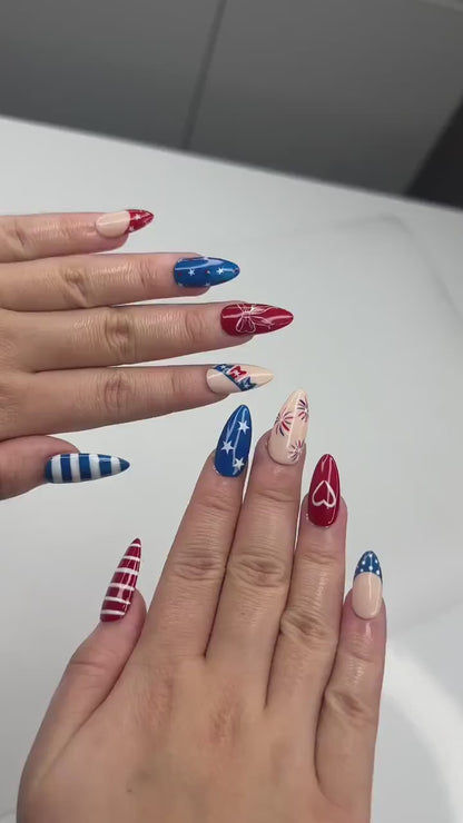 4th of July Press On Nails | Handpainted Patriotic USA Flag Almond Nails | OB398LK