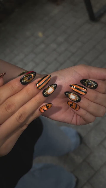 Halloween Press On Nails with Cute Ghost | Black Orange Bat Nail Art | Handmade Spooky Nails for Halloween Party | OB505WC