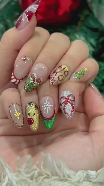 Reindeer Lights Christmas Press On Nails | Red Green Gold Festive Nails | Holiday Art | Snowflake & Gift Accents | DC935EC