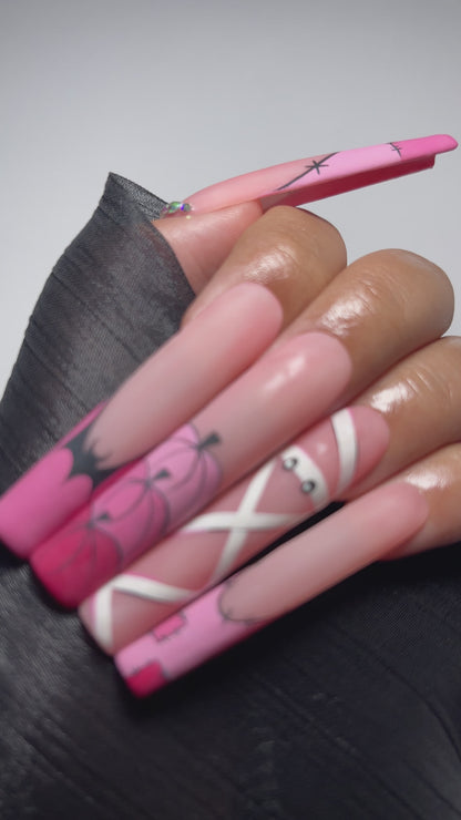 Pink Halloween Press On Nails | Cute Mummy Nail Art | Pumpkin & Bat Long Nails | Pastel Spooky Nails | Handmade Fake Nails