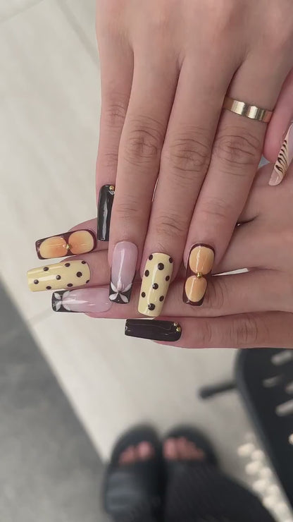 Brown Press On Nails with Polka Dot Design | Yellow Animal Print Square Nails | Retro Handmade Nail Art for Everyday, Party, Gift | OB497UC