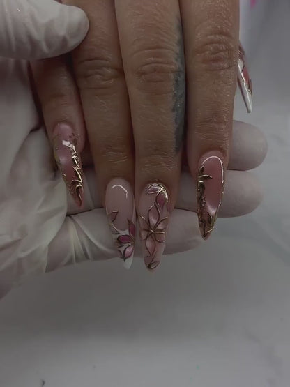 Elegant Pink Press On Nails | Blush Floral Nail Art | 3D Gold Vine Nails | Romantic Wedding Nails | Handmade Luxury Press Ons| JC842H