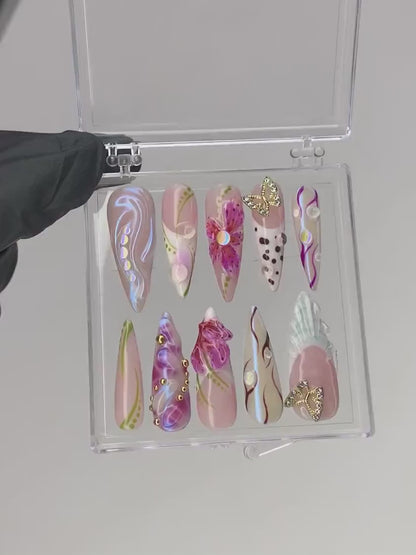Luxurious butterfly Press On Nails | Stunning 3D Floral On Fake Nails | French Tips Nail Art | Nail Charms, gyaru nails | press ons| HD429TK