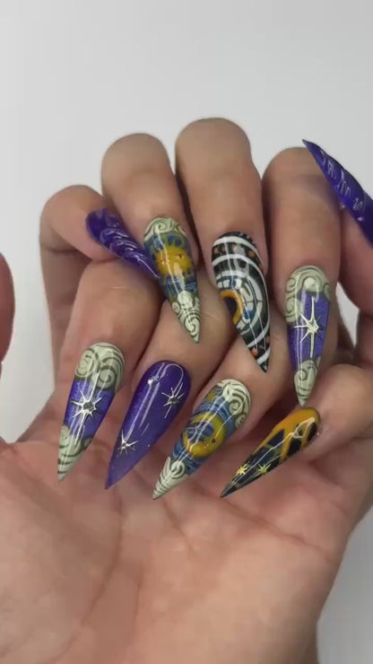 Celestial Art Press On Nails | Starry Night Sky Nail Set | Hand Painted Fantasy Nails | Sapphire Blue Statement Manicure | OC451JC