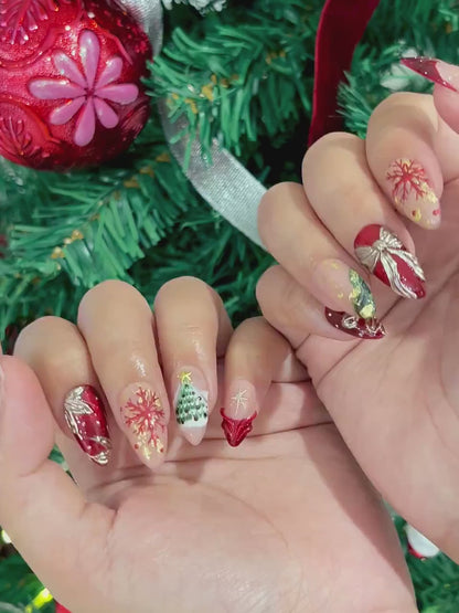 Red & Gold Christmas Press On Nails | Holiday Bow Nails | Festive Snowflake Nail Art | Elegant Press Ons | Winter Glam Nails | JB256HC