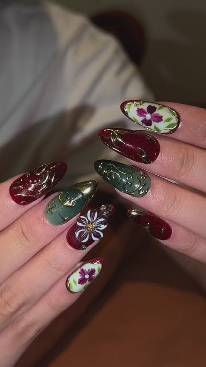 Burgundy Floral Press On Nails with Gold Details | Vintage Botanical Nail Art | Elegant Handmade Nails | OB545UC