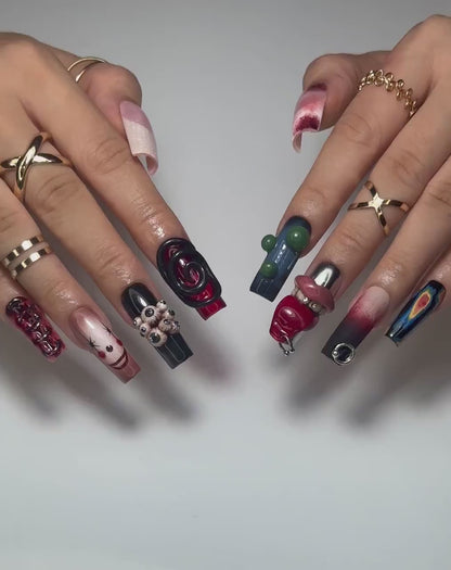 Dark Carnival Horror Press On Nails | 3D Creepy Clown Nail Art | Gothic Horror Eyes & Chains | Edgy Halloween Statement Set | JB144EK