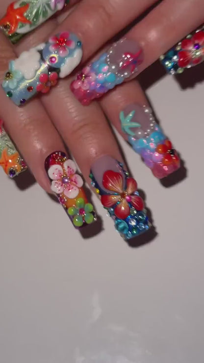 Midnight Sun Press On Nails for Festival | Colorful 3D Flower Nails | Festival Nail | Tropical Summer Luxury Nails | Artistic Nails| OA300HC
