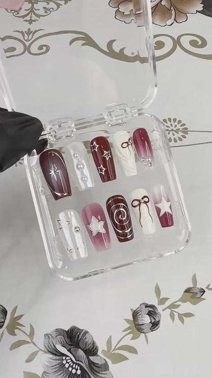 Y2k Elegant Motifs Press On Nails | Y2k-Inspired Nail Set | Red and White with Unique Chrome Designs on Fake nails | HC77