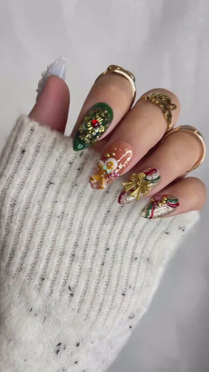 Wonderland Christmas Press On Nails | Candy Cane & Gingerbread Nails | Festive Holiday 3D Art | Wreath Press Ons | Cute Winter Nail |JB235HC