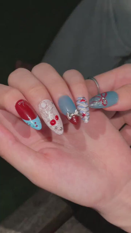 Cherry Beach Press On NailsC | Coastal Coquette Nail Set |Blue Red Summer Nails | Bow Starfish Handmade Nails | OC446U