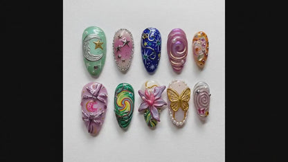 Cosmic Whimsical Garden Press On Nails | Celestial Stars & Moon Nails | Colorful Swirl Fantasy Nail Art | 3D Butterfly Flower Nails | JB270H