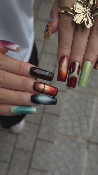 Abstract Press On Nails with Aura Gradient | Retro Mismatched Fake Nails in Long Square | Handmade Statement Nail Art for Party | OB511UC