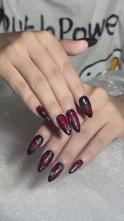 Gothic Press On Nails with Red Spider Web Design | Black Chrome Fake Nails in Stiletto Shape | Nail Art for Halloween, Party | OB1390UC