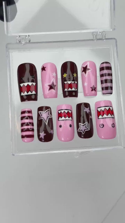 Kawaii Pink Monster Press On Nails | Domo Character Nail Art | Pink & Brown Cartoon Nails | Cute Star Stripes Nails | Handmade Nails|HC970DC