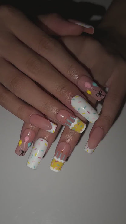 Birthday Press On Nails with Cake and Balloons , Cute Confetti Nail Art , Handmade Party Nails for Birthday Girl | OB549WA