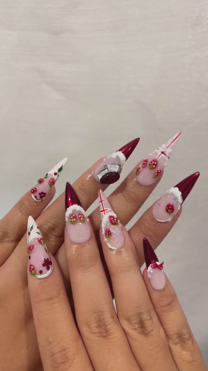 Strawberry  Press On Nails For Christmas  | 3D Strawberry & Whipped Cream Nail Art | Cute Festive Press Ons| Sweet Winter Nail Design| JC226HC