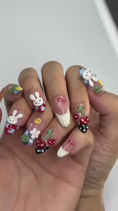 Kawaii Bunny Press On Nails with Cherry & Fruit Charms | 3D Cute Fake Nails in Almond Shape | Nail Art for Picnic, Birthday | OB465UC