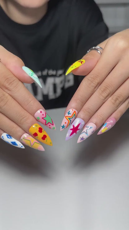 Colorful Press On Nails with Retro Star Art , Whimsical Hand Painted Nails , Funky Statement Nails for Trendy Gift | OB527WC