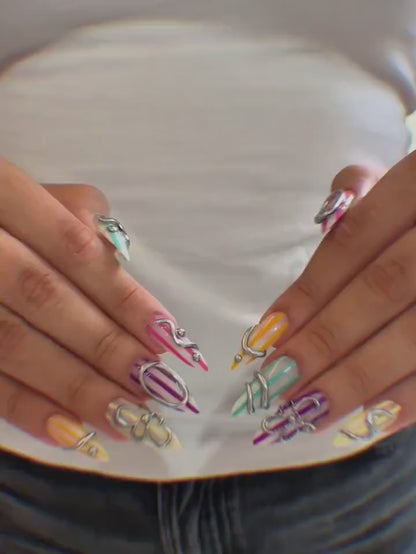 Silver Chrome Press On Nails with 3D Metallic Art , Purple Long Stiletto Nails , Futuristic Y2K Fake Nails for Party | OB493UC