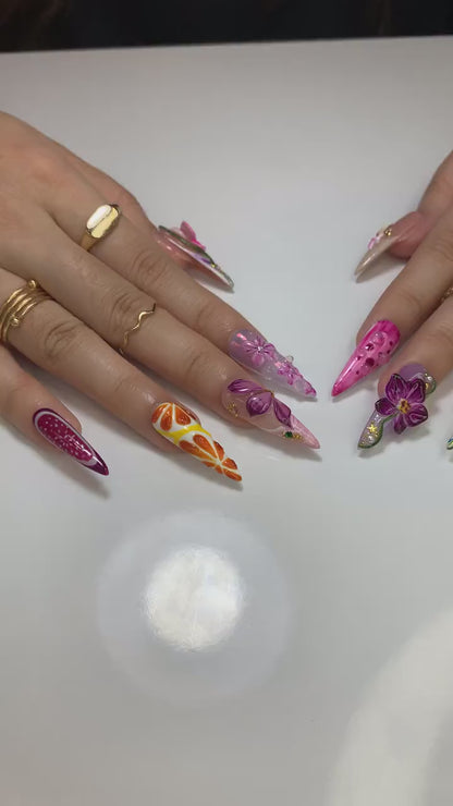 Summer Press On Nails Tropical Bloom | 3D Orchid & Fruit Nail Art | Colorful Summer Flower Design | Handmade Nature Nails | JB983HC