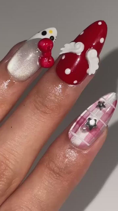 Cute Cat Pink Coquette Press On Nails | 3D Red Bow and Pearl White Nail Art | Pink Plaid French Tips | Handmade Long Almond Nails | OB727UI