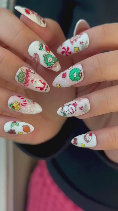 Merry Cartoon Christmas Press On Nails | Kawaii Christmas Nail Art | Festive Holiday Character Nails | White Winter Press Ons | JB222EC