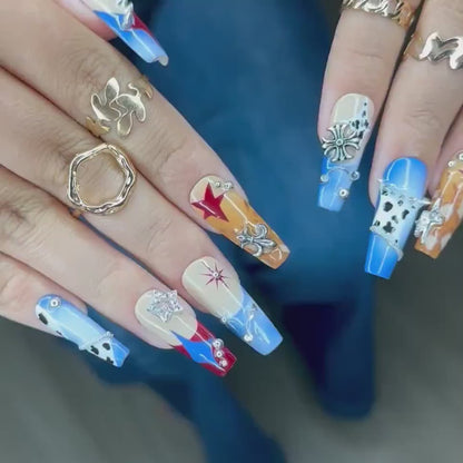 Western Cowboy Press On Nails | Red Star & Blue Denim Nail Art | Cow Print Patchwork Fake Nails | Rodeo Festival Press Ons | HC342YP