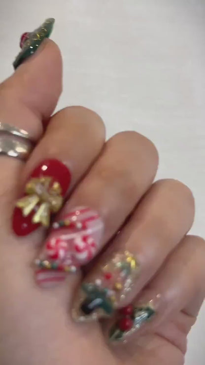 Cute Christmas Press On Nails | 3D Holiday Nails | Festive Candy Cane & Gingerbread Set | Christmas Winter Press Ons | Holiday Nail| HB1215H