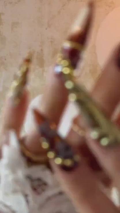 Autumn Luxe Press On Nails | Dark Red & Metallic Gold Nail Art | Handmade Gothic Glam Nails | Long Stiletto Nail | Luxury Fall Vibe| JB173HK