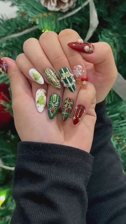 Luxury Christmas Ornament Press On Nails | Green–Red Holiday Nail Art | 3D Ornament & Bow Nails | Winter Festive Press Ons | JC250EK