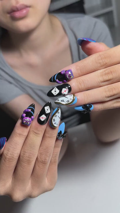 Wonderland Press On Nails with Purple Cat Art , Playing Card & Clock Nails , Whimsical Fantasy Nail Set| OB538WA