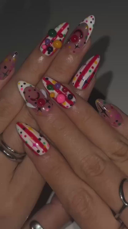 Colorful Clowncore Press On Nails with 3D Candy Charms | Abstract Circus Nail Art | Pink Y2K Drip Design | Long Almond Nails | OB729UC