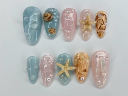 Ocean-Inspired 3D Press On Nails | Beach Theme with Seashells and Starfish | Handmade Press On Nails for Summer Vibes | J297S