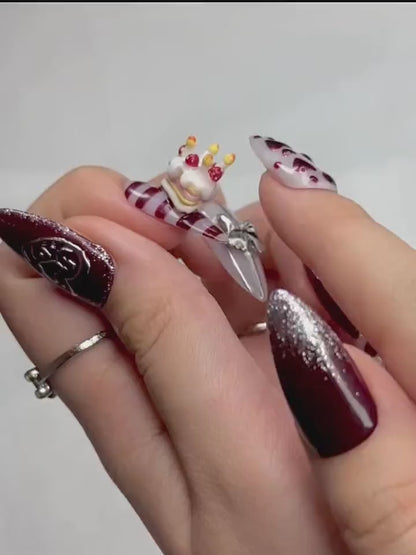 Valentine Heart Press On Nails | Roxy Nails Press On | Romantic Burgundy Red and Silver 3D Nail Art  | Handmade Love Themed Fake Nails for Women & Gift HB996GK