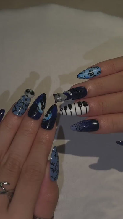 Dark Fantasy Press On Nails with Gothic Art | Midnight Blue 3D Details | Spooky Storybook Nails | OB552UC