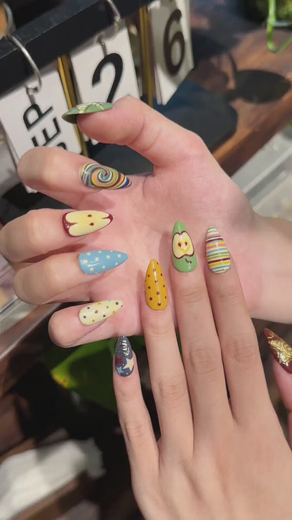 Autumn Press On Nails with Retro Apple & Plaid , Handmade Vintage Fake Nails in Almond Shape , Cute Fall Nail Art for Everyday | OB473UC